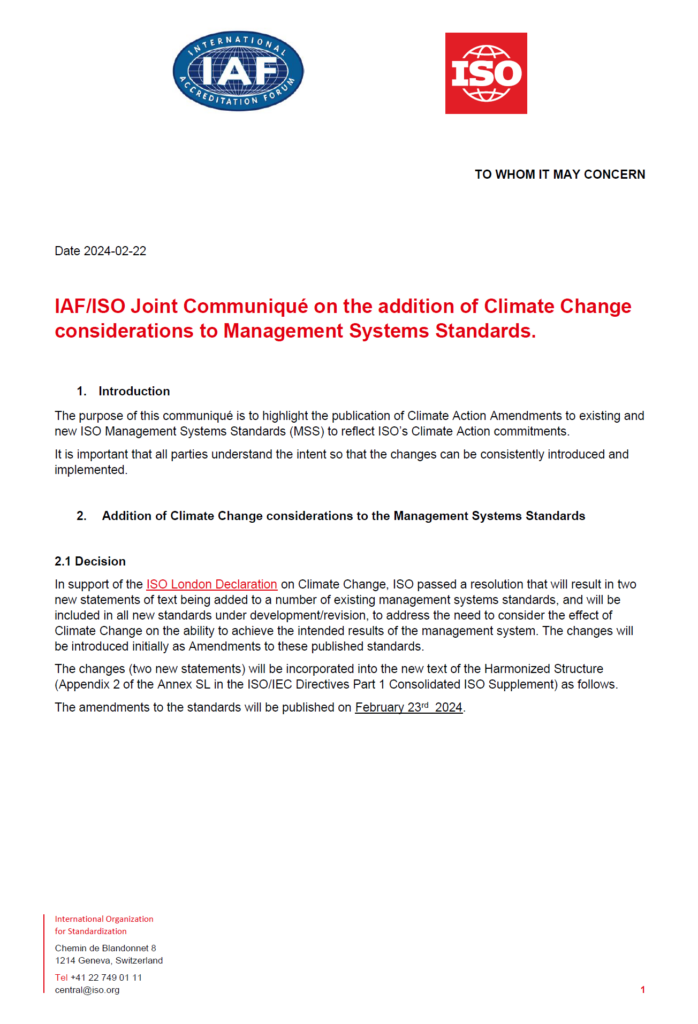 IATF/ISO Joint Communique on climate change.